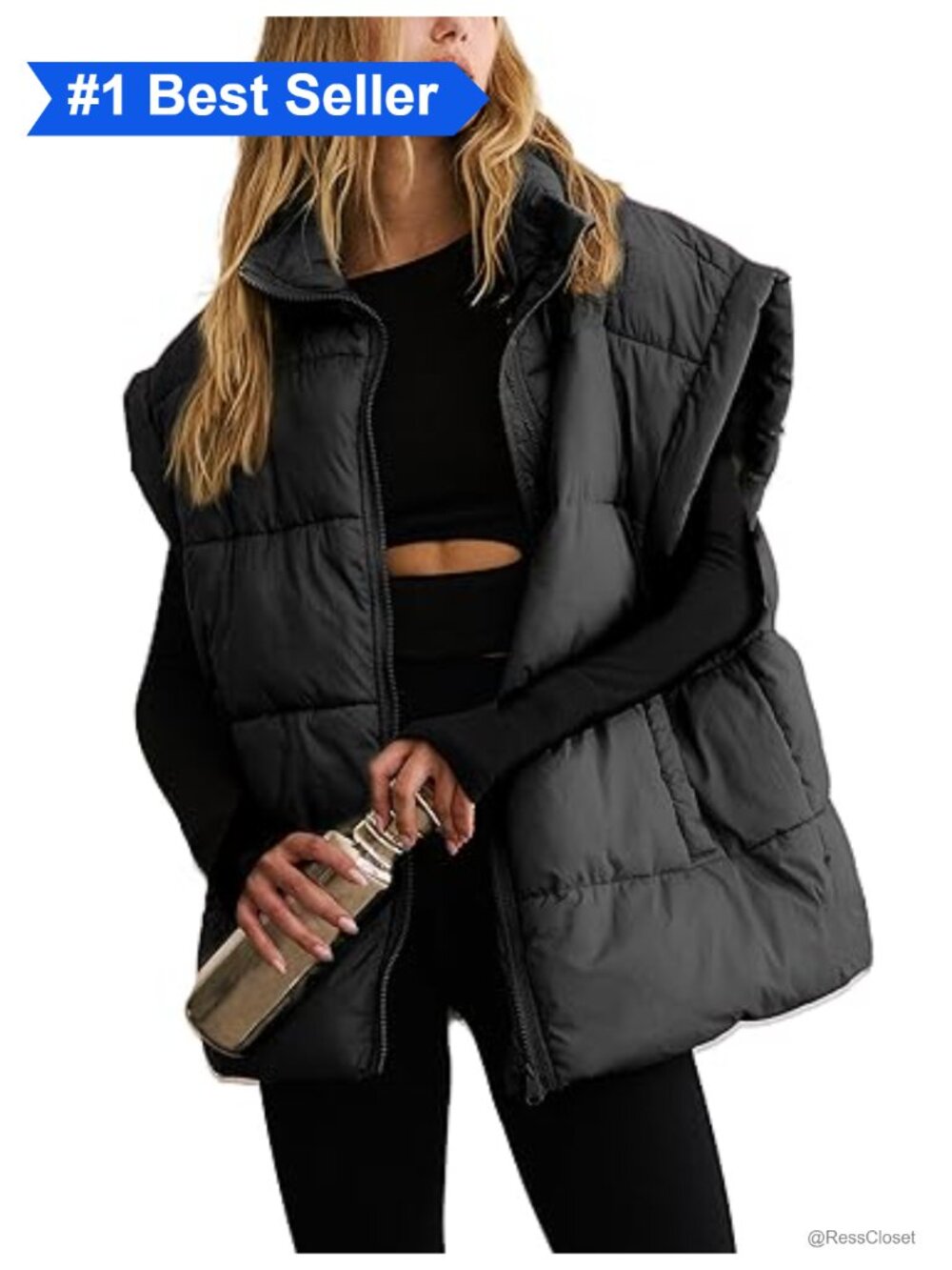 Oversized Quilted Puffer Vest Sleeveless Lightweight Zip-Up